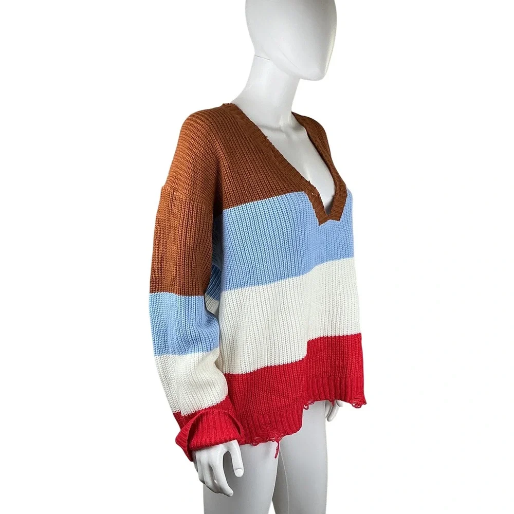 POL Striped V Neck Distressed Sweater‎ Size L Brown Blue White Red